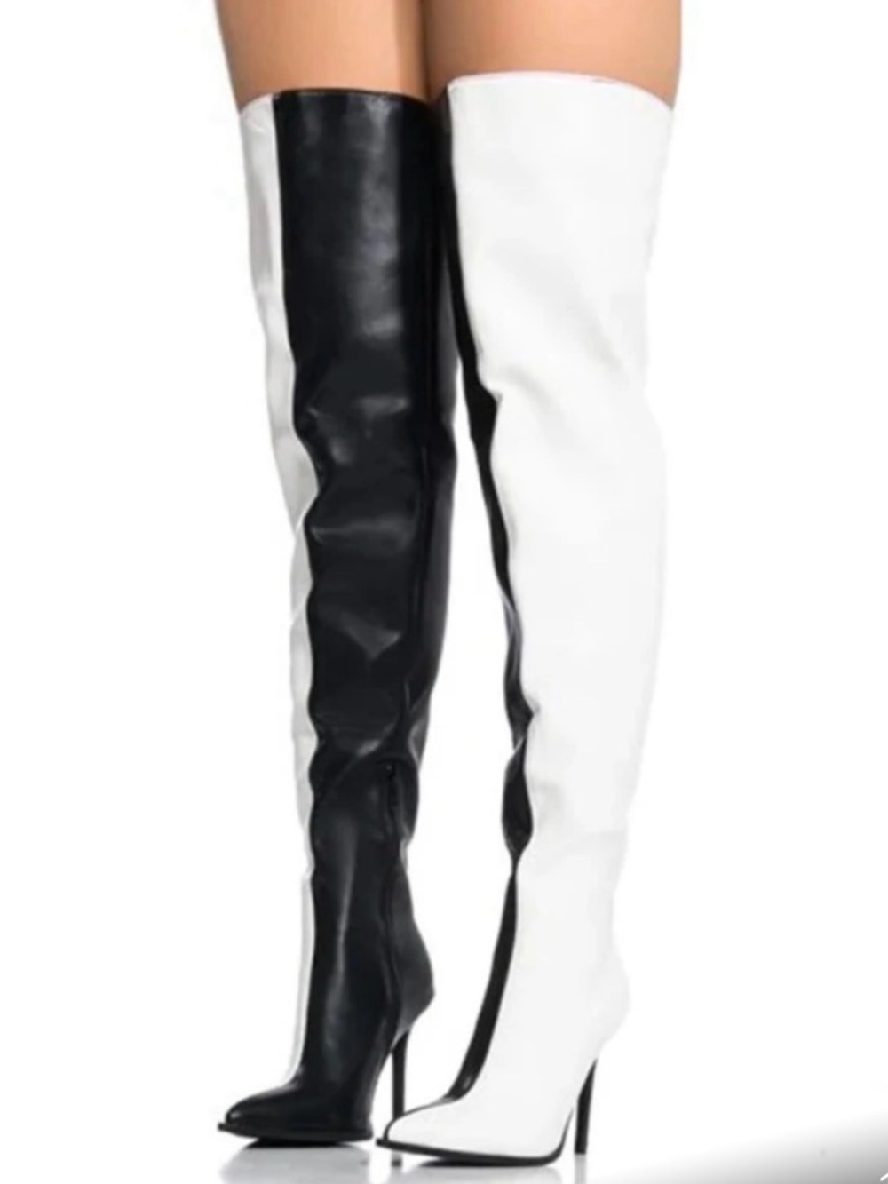 Over-the-Knee Two-Tone Stiletto Heeled Boots - Black & White